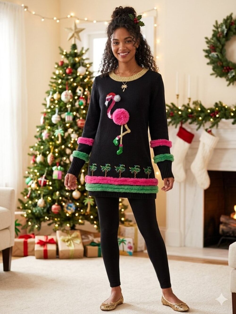 99 Jane Street Ugly Christmas Sweater Tunic Flamingo Palm Trees Womens Medium